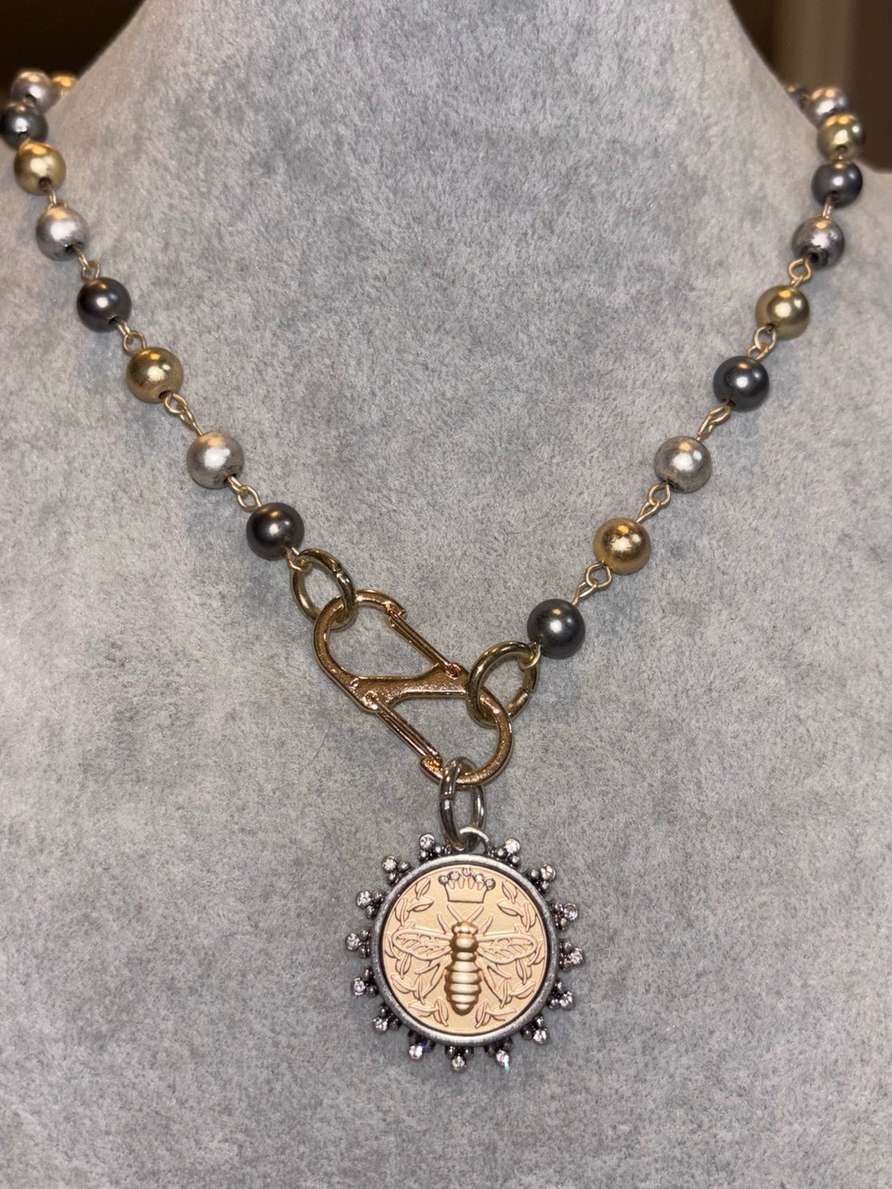 Gold and Gray Bee Medallion faux Pearl Necklace